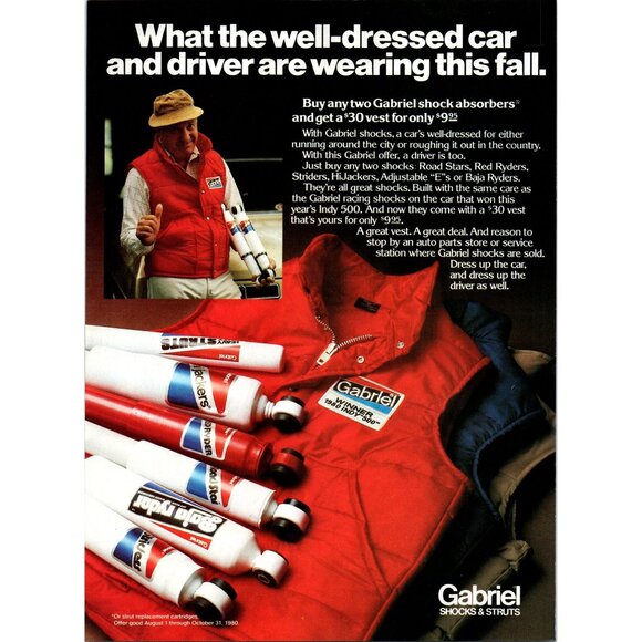 1980 Gabriels Shock Absorbers Shocks Vintage Print Ad Indy 500 Vest Wall Art - Picture 1 of 2